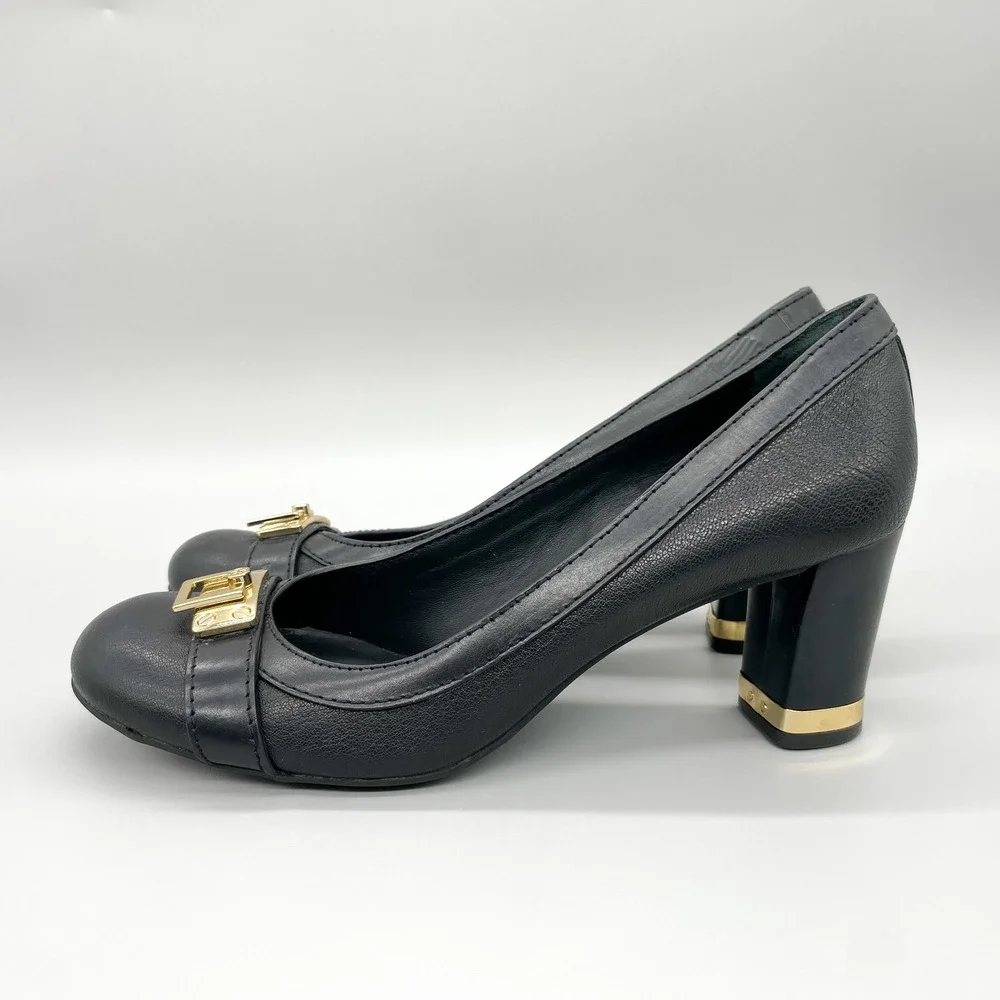 Tory Burch Womens 8.5M Pump Heels Shoes Black Leather Gold Buckle Office Classic
